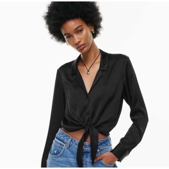 Wilfred Silky Black Tie Front Button Up Crop Top Size XXS Long Sleeve - Picture 1 of 10